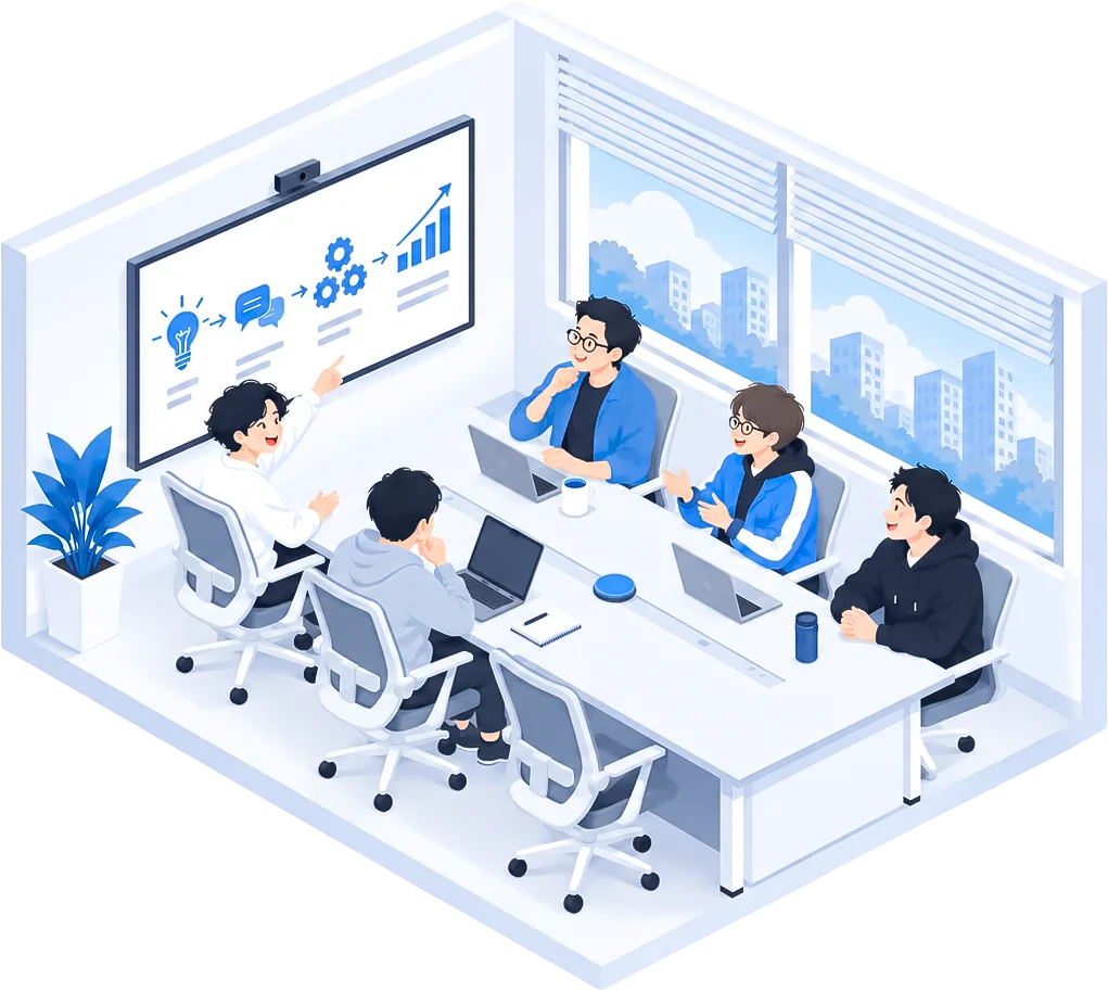 会議室で画面を囲み、聞いた話を課題から仕組みへ整理していくイラスト