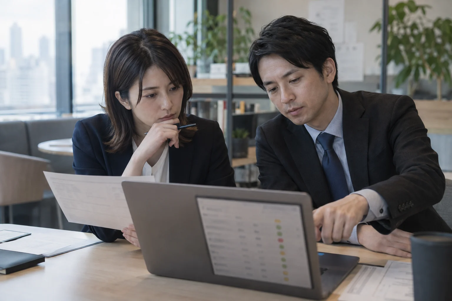 システムで整理された情報と提出資料を二人で確認する担当者