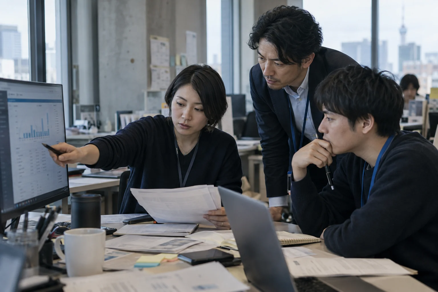 書類と業務画面を見比べながら確認を進める規制対応チーム