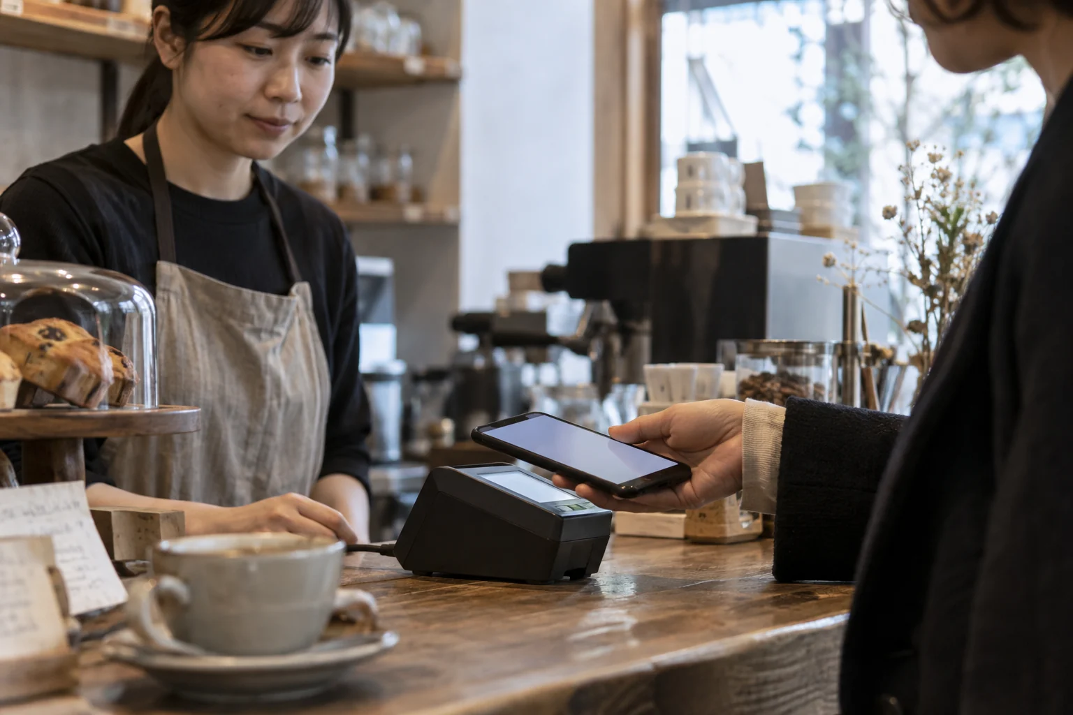 カフェの店頭でスマートフォンを決済端末にかざす様子