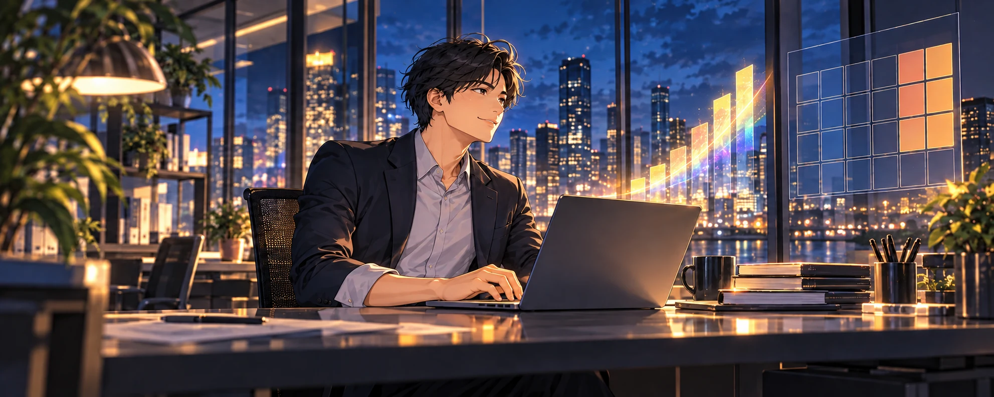 夜のオフィスで追加の仕事に取り組み、収入を伸ばす社員のイラスト